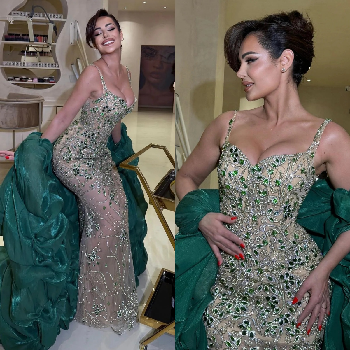 Exquisite Crystal Evening Dresses Spaghetti Straps Prom Gowns Detachable Train Beading Illusion Customized Formal Occasion Party Dress Vestidos de noc