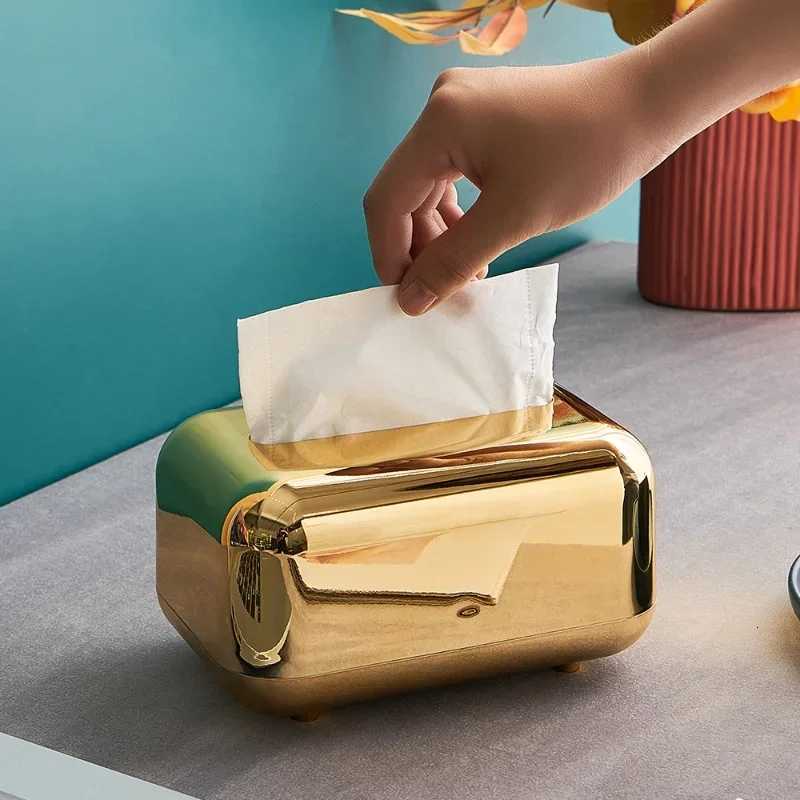 Golden Tissue Boxes Storage Napkin Holder Kitchen Tissue Box Paper Case Organizer Ornament Craft Desktop Tissue HolderM251124