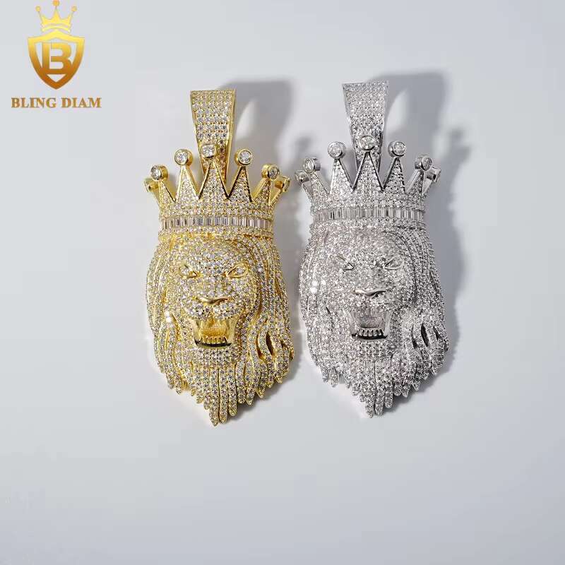 Hip Hop Jewelry 3D Crown Lion Animal Pendant Moissanite Real Gold Plated 925 Sterling Silver Charm Pendant
