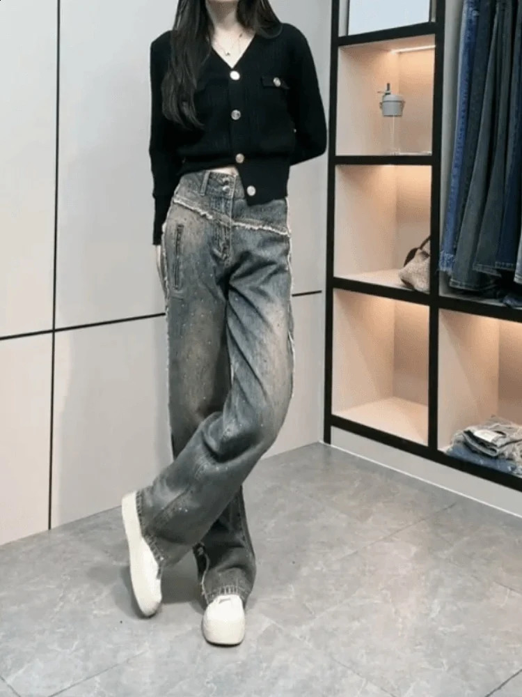 Womens jeans high waisted black all diamond rhinestone solid color straight wide legs denim pants fashion for autumn 250422