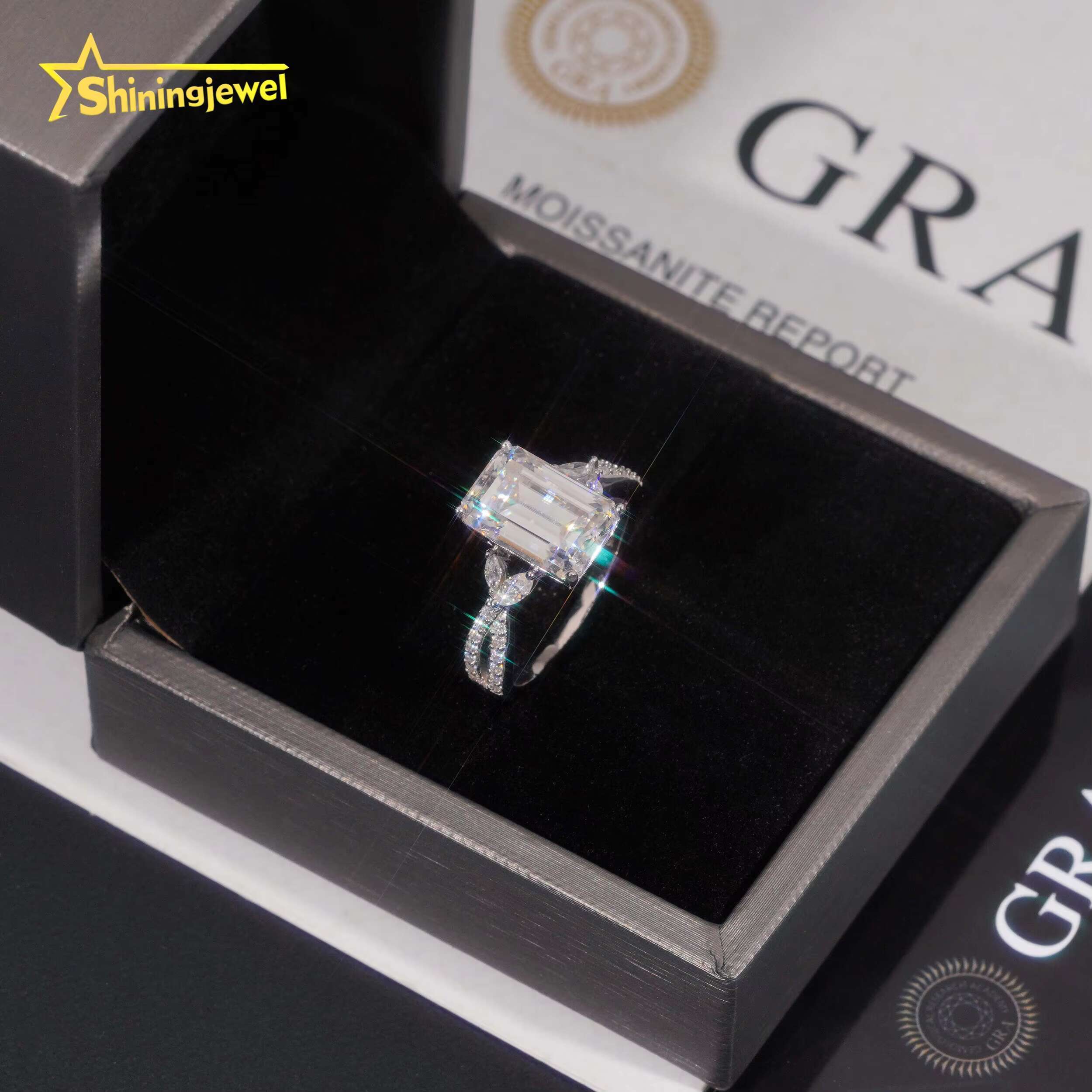 RTS Gold Plated Emerald Cut Wedding Ring Moissanite VVS Pass Diamond Test 925 Sliver Engagement Rings for Women