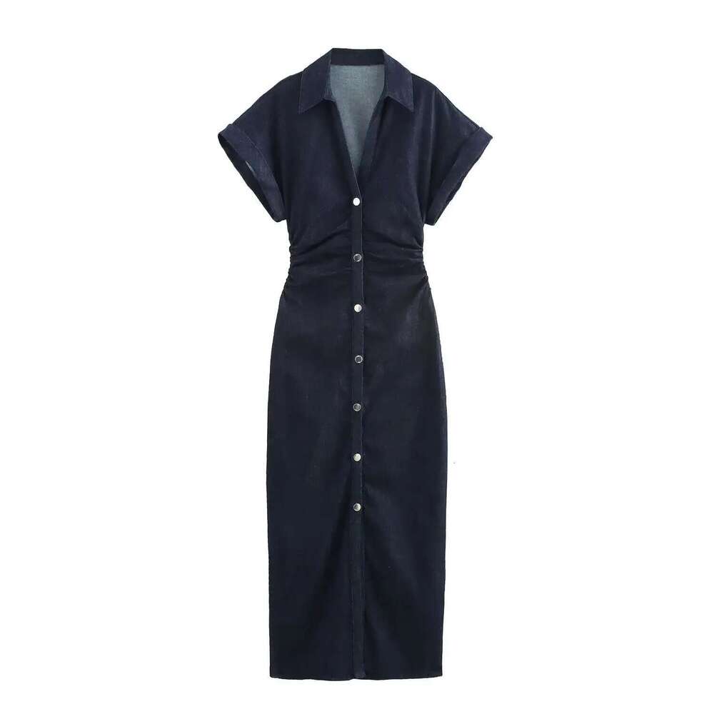 ETJ 2025 Traf Spring New 1975 Series Denim MIDI With Lapel Side Zipper Fashion Wrinkle Waist Slim Elegant Dress