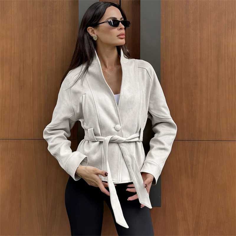 Tornova Retro Suede Long-sleeved Jacket Coat Female V neck Lace Up Jacket 2025 Autumn Winter New Commute Office Lady Outerwear J251124