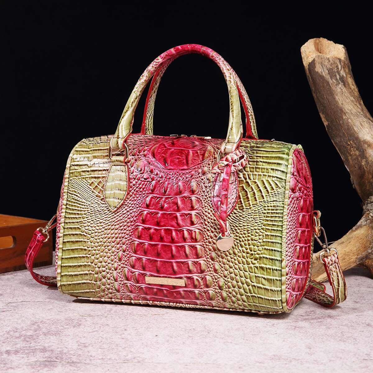 Ombre Crocodile Emed Boston Handbag Classic Style Crossbody Bag Women's Leather Satchel Purse