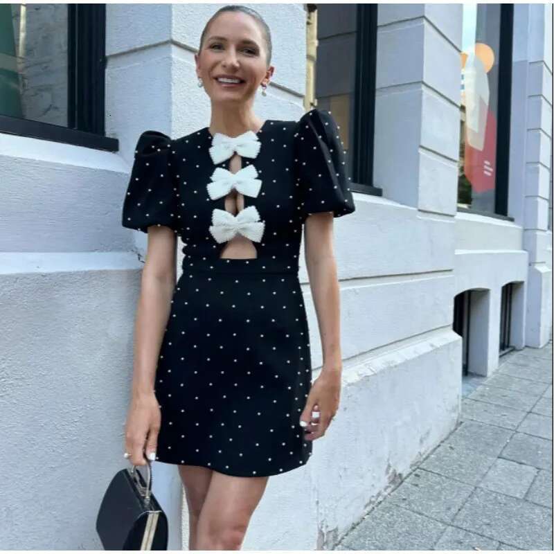 Bow Hollow Out Red Black Mini Dress Women Sexy Puff Sleeve O-Neck Party Dresses 2024 Summer New Elegant Shinny Robe Vestidos