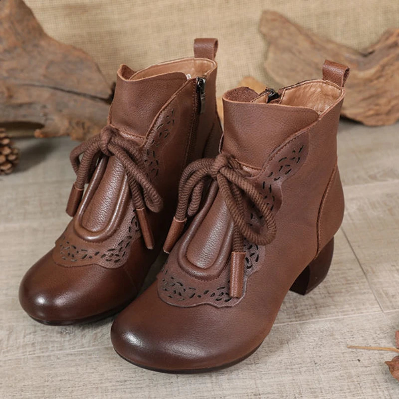 Womens Leather Boots Ethnic Style Retro Mom Short Boots Soft Bottom Round Head Leisure Non-slip Shoes Sapatos Femininos 250418
