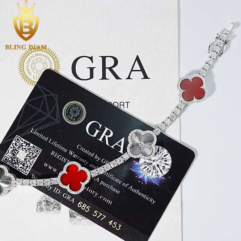 3mm Fashion Fine Jewelry Red Agate Four Leaf Clover Iced Out Moissanite Tennis Chian Bracelet