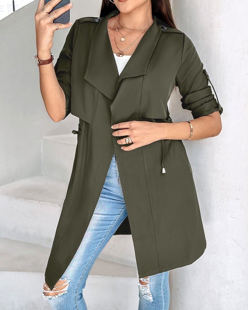 2024 new autumn and winter loose solid color waist cinched sleeve mid length windbreaker jacket womens clothing