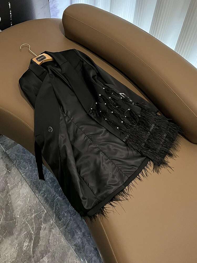 TWOTWINSTYLE Solid Temperament For Women Lapel Long Sleeve Patchwork Feathers Sashes Slimming Dresses Female Kdr516133