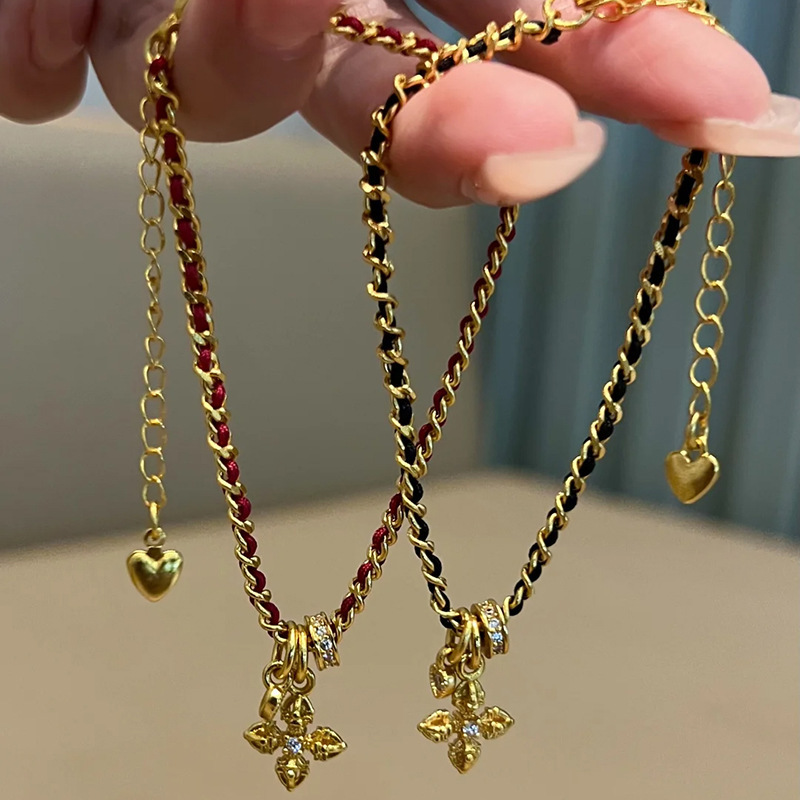 18K Real Gold Plated Super Flash Zircon Heart Cross Vintage Fashion Bracelet Light Luxury High-end Jewelry - view 7
