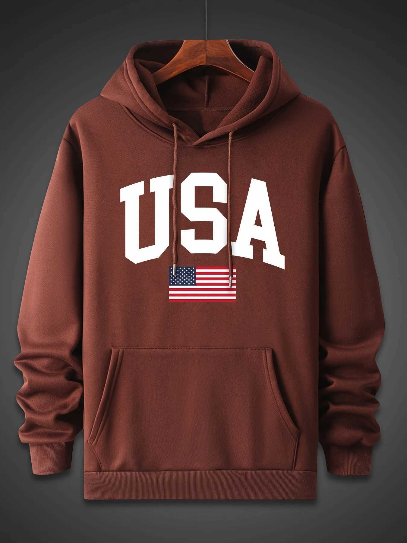 Mens autumn and winter fashionable casual loose oversized USA flag print fleece pullover hooded long sleeved sweatshirt M251124