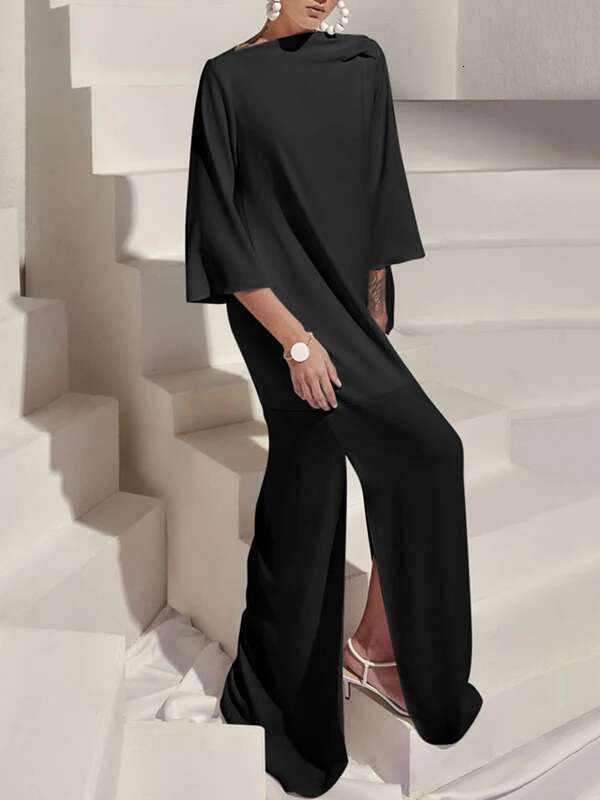 Krisstargirls 2025 New Simple White Black Maxi Dresses Split-Side Boat Neck Women Evening Loose Long Dress For Ladies