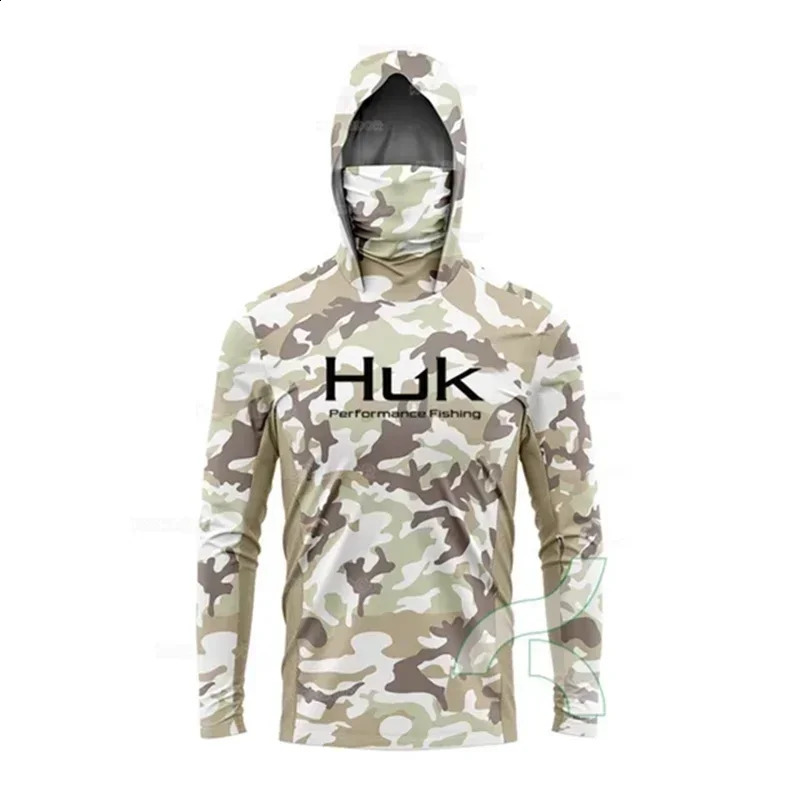 HUK fishing shirt long sleeved UV resistant hooded with face mask suit outdoor sun protection Tshirt UPF 50 250424