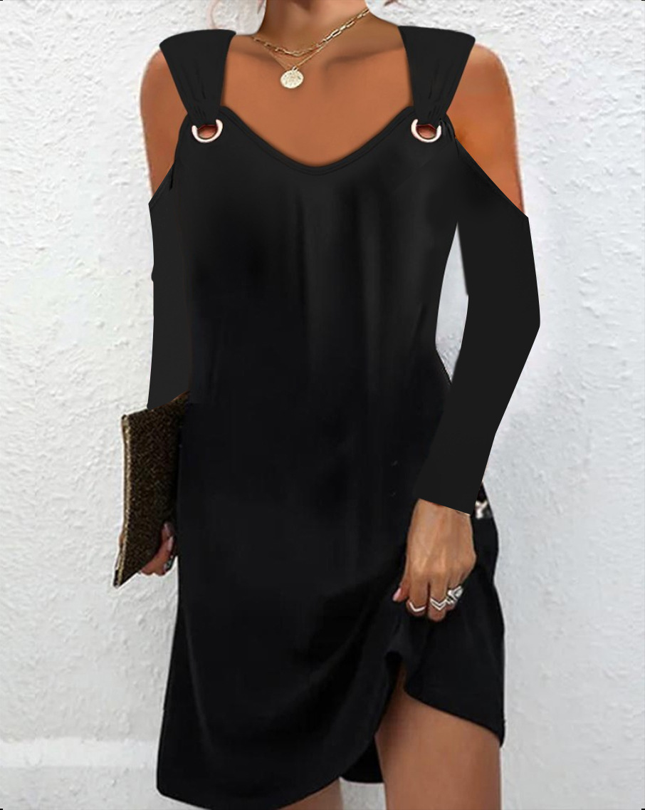 2023 Autumn Simple Solid Color Metal Button V-neck Button Dress for Women