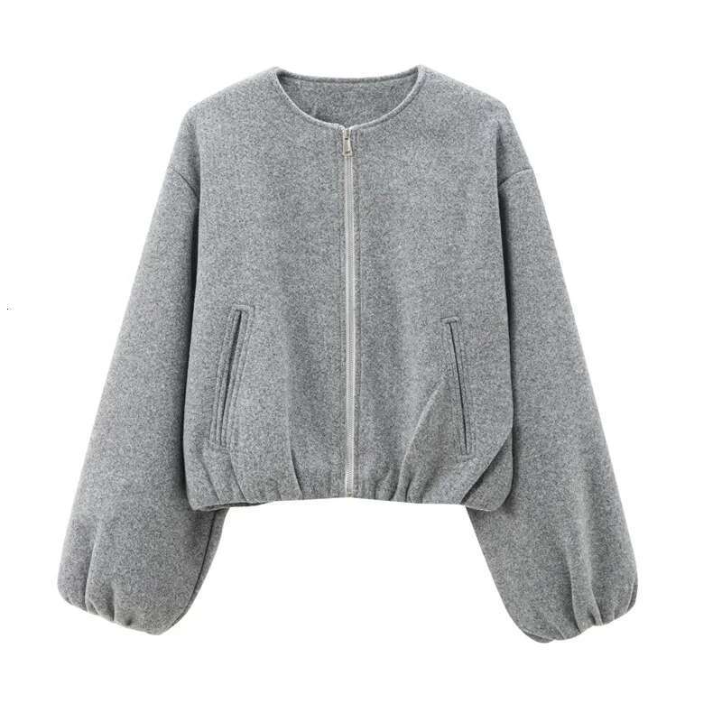 Designer Clothes TRAF Outerwears Cropped Bomber Jacket Women Autumn Long Sleeve Faux Wool For Woman Winter Zip Up Gray Beige Short Coats