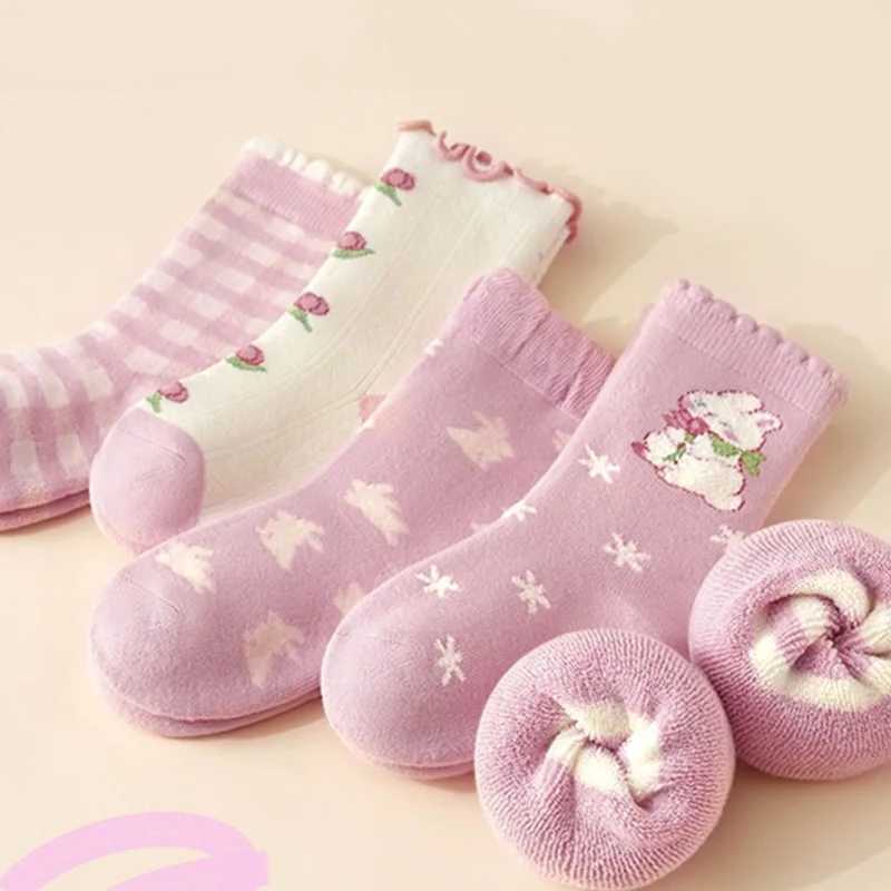 Girls Cherry Pink Winter Thickened Warm Socks Terry Cloth Light Pink Rabbit Pattern Childrens Socks 5-Pair Pack G251124