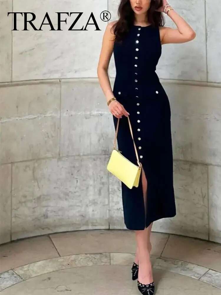 TRAFZA Women Knitted Solid Midi Slim Single Breasted Sleeveless Dresses With Fake Pockets Office Lady Woman Elegant Dress