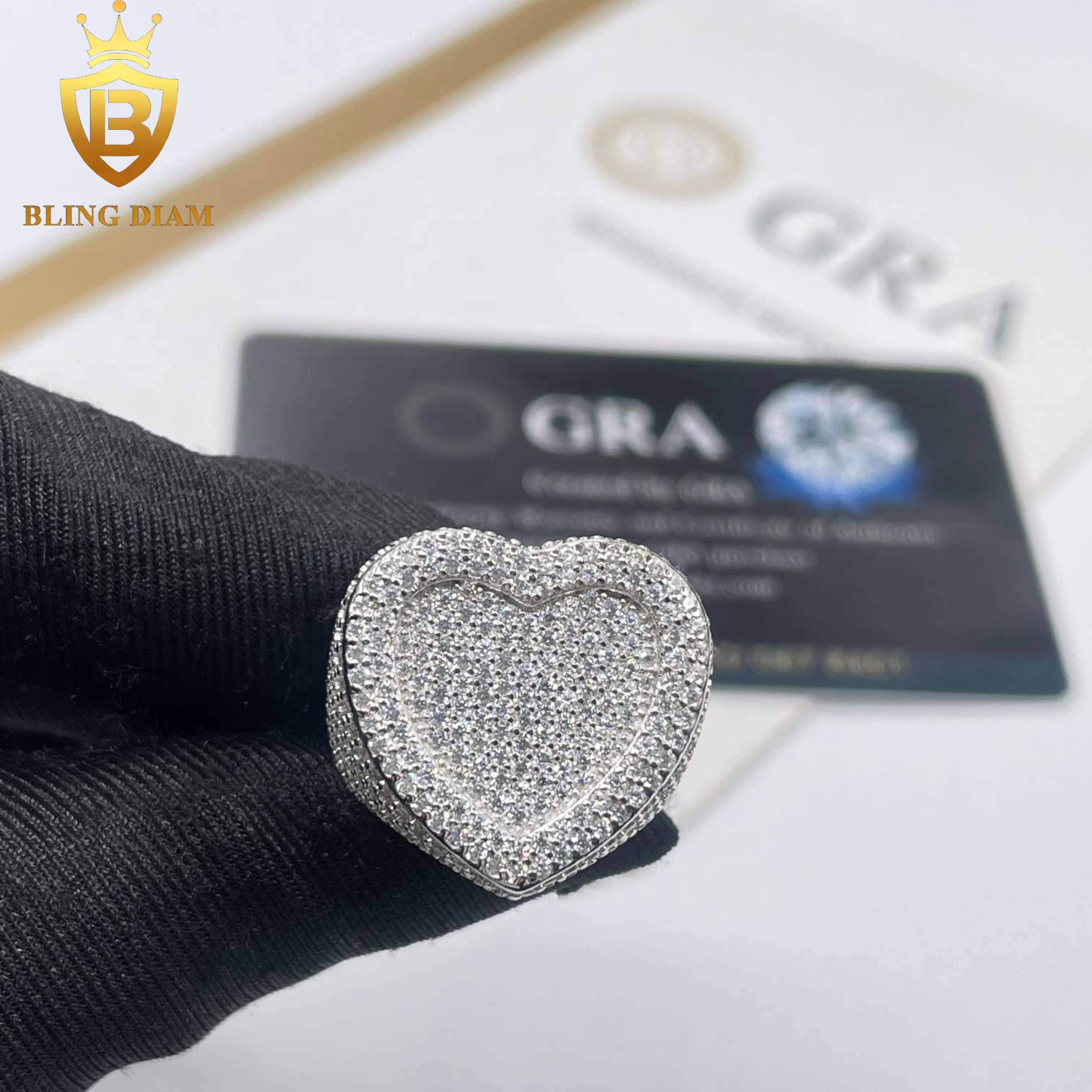 Fashion Popular Jewelry Full WithVVS Moissanite Mens 925 Solid Silver Heart Shape Rings Hip Hop Style