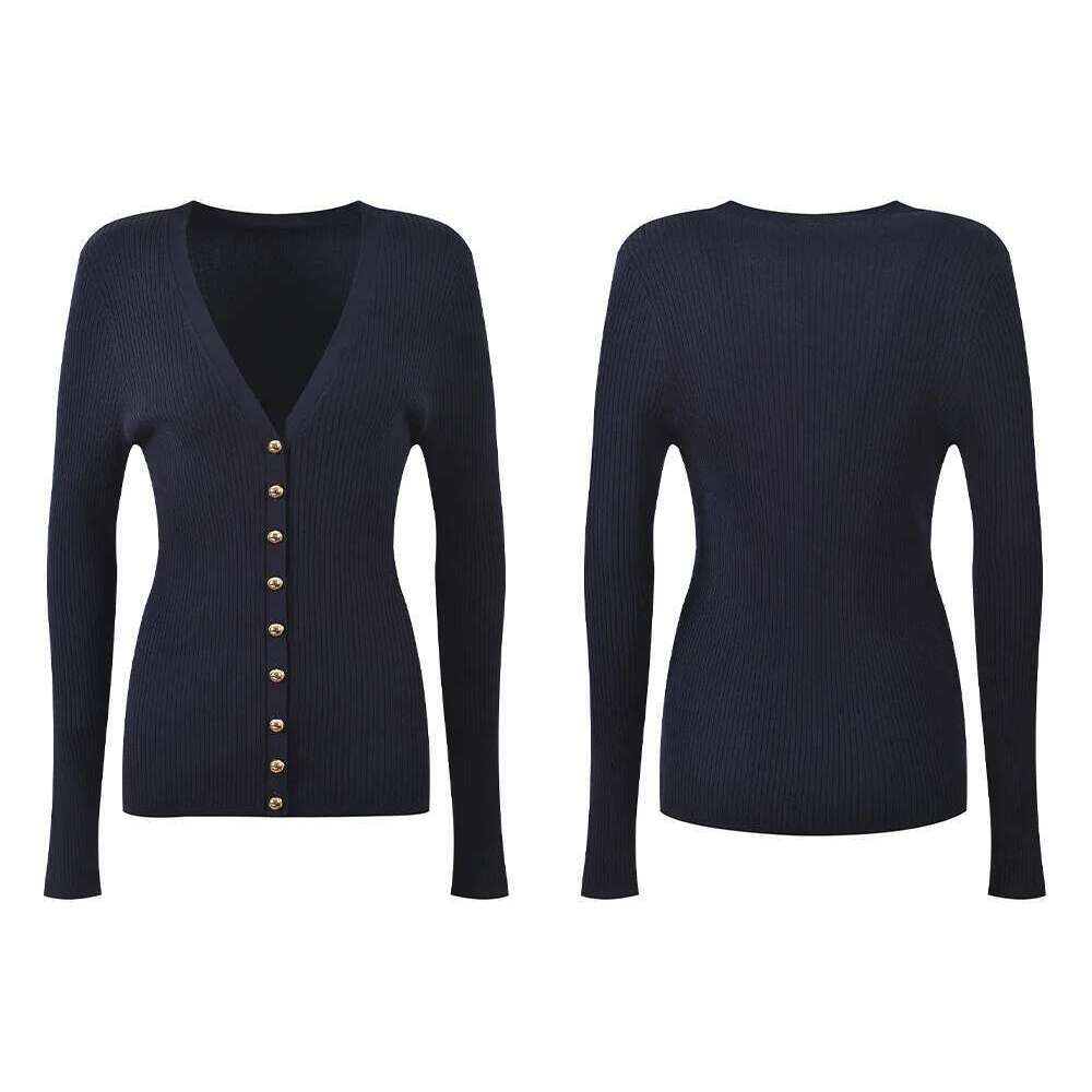 Designer Women's Clothing Navy Blue Vertical Striped Knitted Cardigan Simple Fashionable Slim And Versatile V-Neck Top 2025 Spring New Style