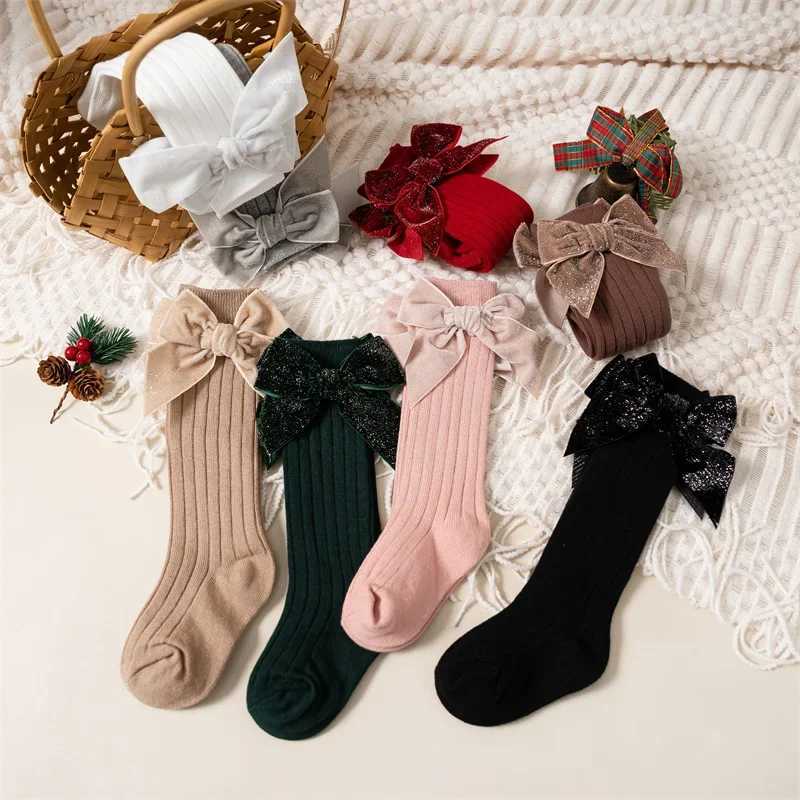 Baby Girls Knee High Socks Autumn Winter Kids Big Bow Long Soft Christmas Sparkly Sock Cotton Red Children Socken For 0-8 Years G251124