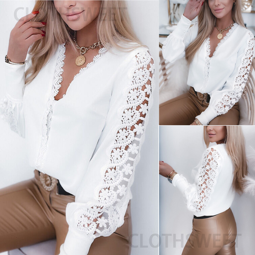 Aw2021 long sleeve V-neck lace splicing shirt womens wear