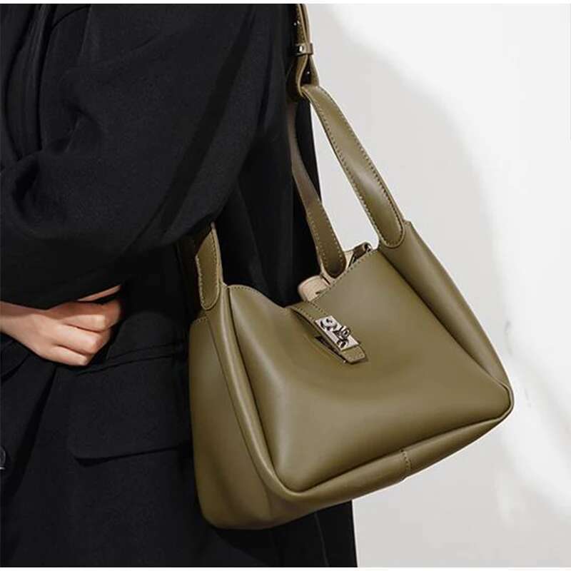 Cowhide Leather Women Tote Fashion Basket Bucket Suede Shouder Crossbody Bag Handbag New Year Gift 2025