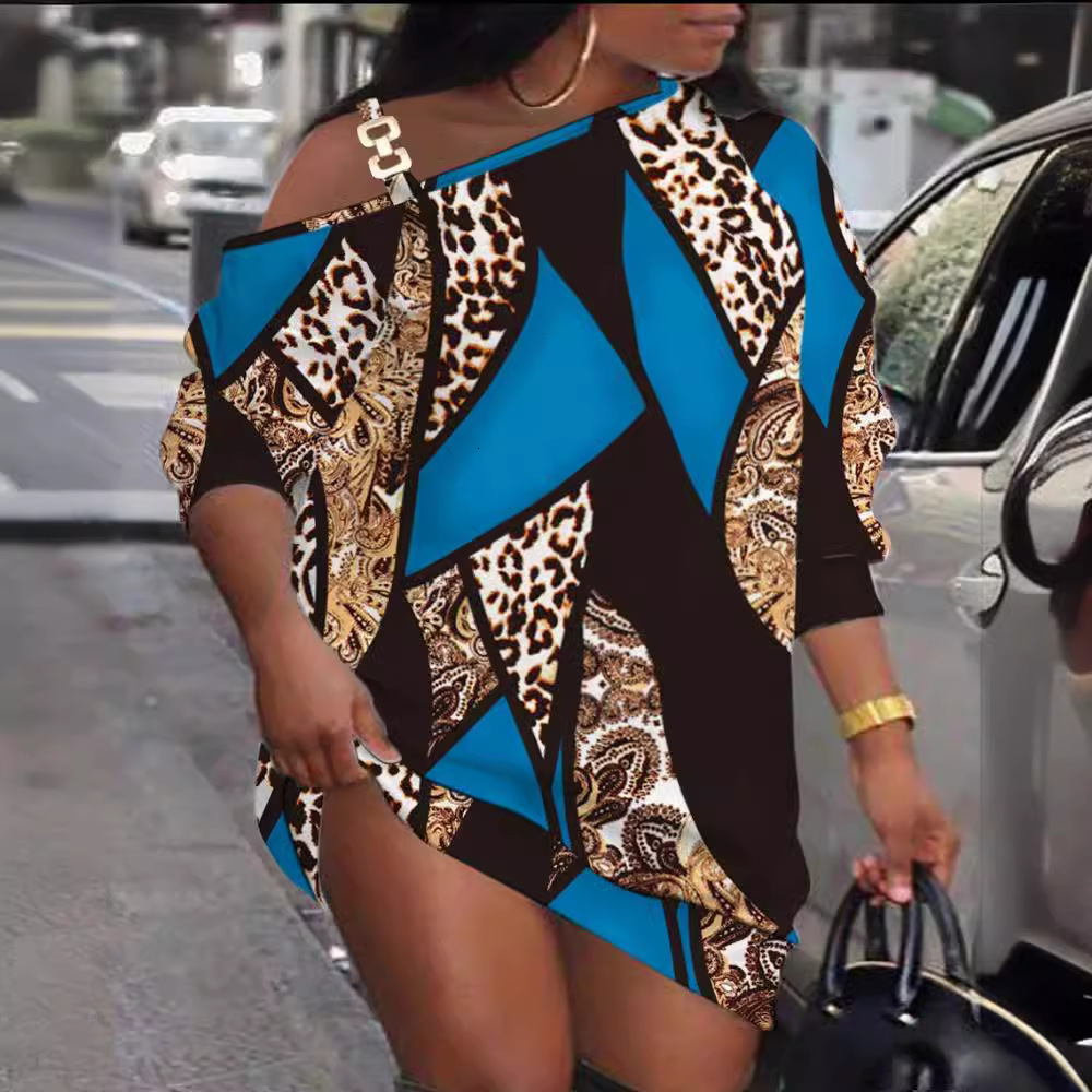 2023 Autumn Printed Metal Buckle Oblique Shoulder Collar Button Dress for Women