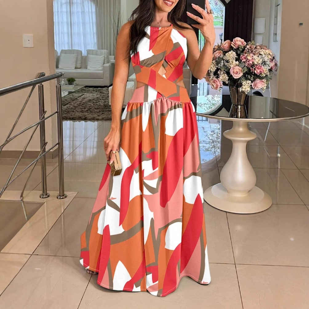2025 new summer sleeveless off shoulder large swing skirt with high waist and backless strap dress for women