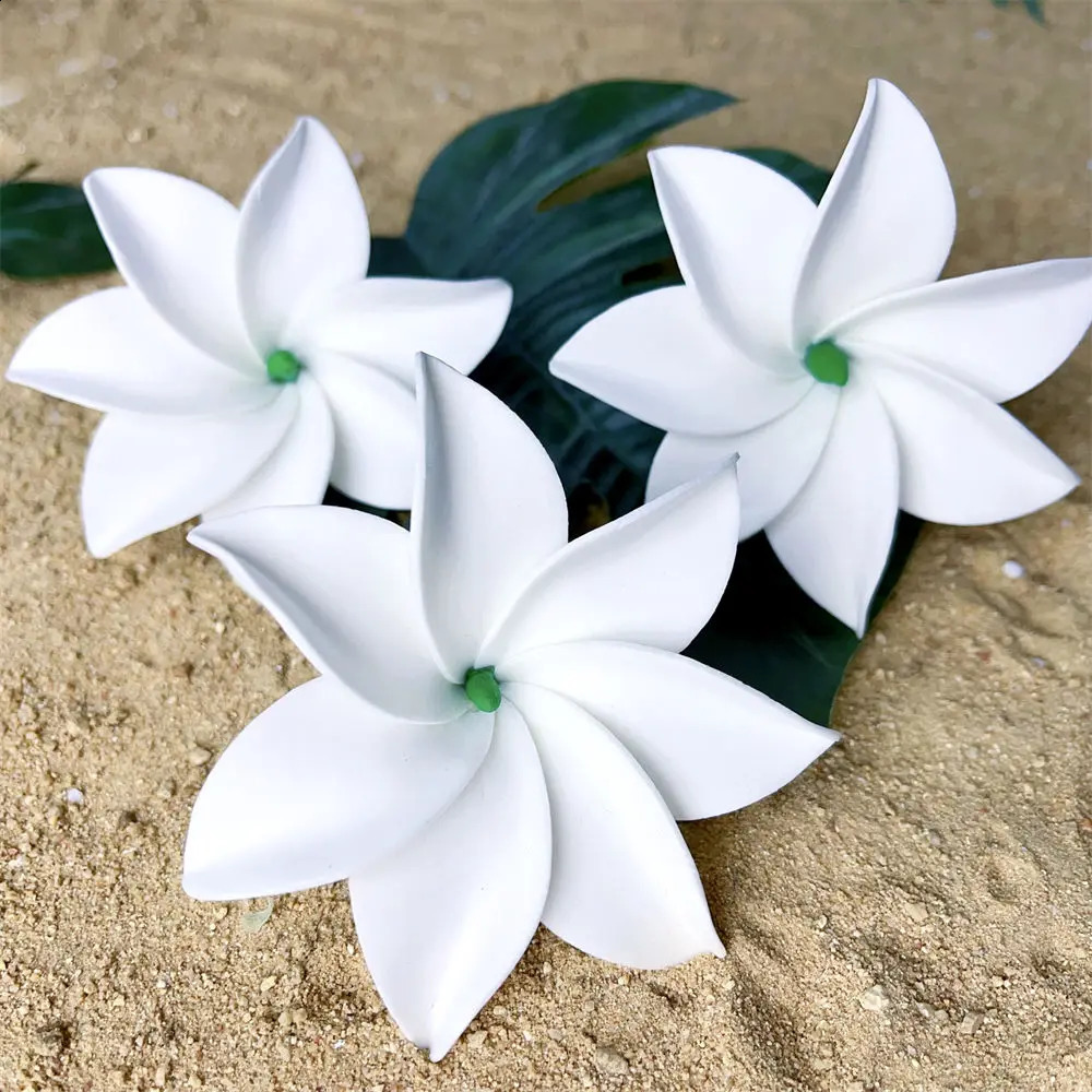 10pcs White 8cm Roll-edged 7-petal Foam Tiare Flower Hair Pick Tahiti Gardenia Ear Flower Hula Wedding Party Hair Accessories 250420