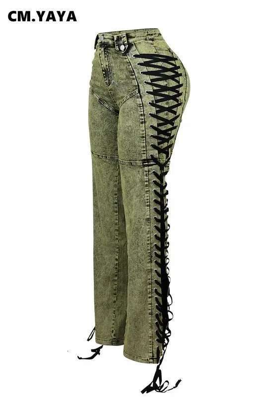 Cm.Yaya Women Streetwear Cutout Side Lace Up Cargo Pencil Denim Wide Leg Jeans Pants 2024 Fall Casual Fashion Holiday Trousers