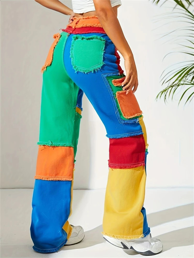 Womens multicolor stitched burr straight jeans cool girls high waisted streetwear fashionable pants denim Trouser 250417