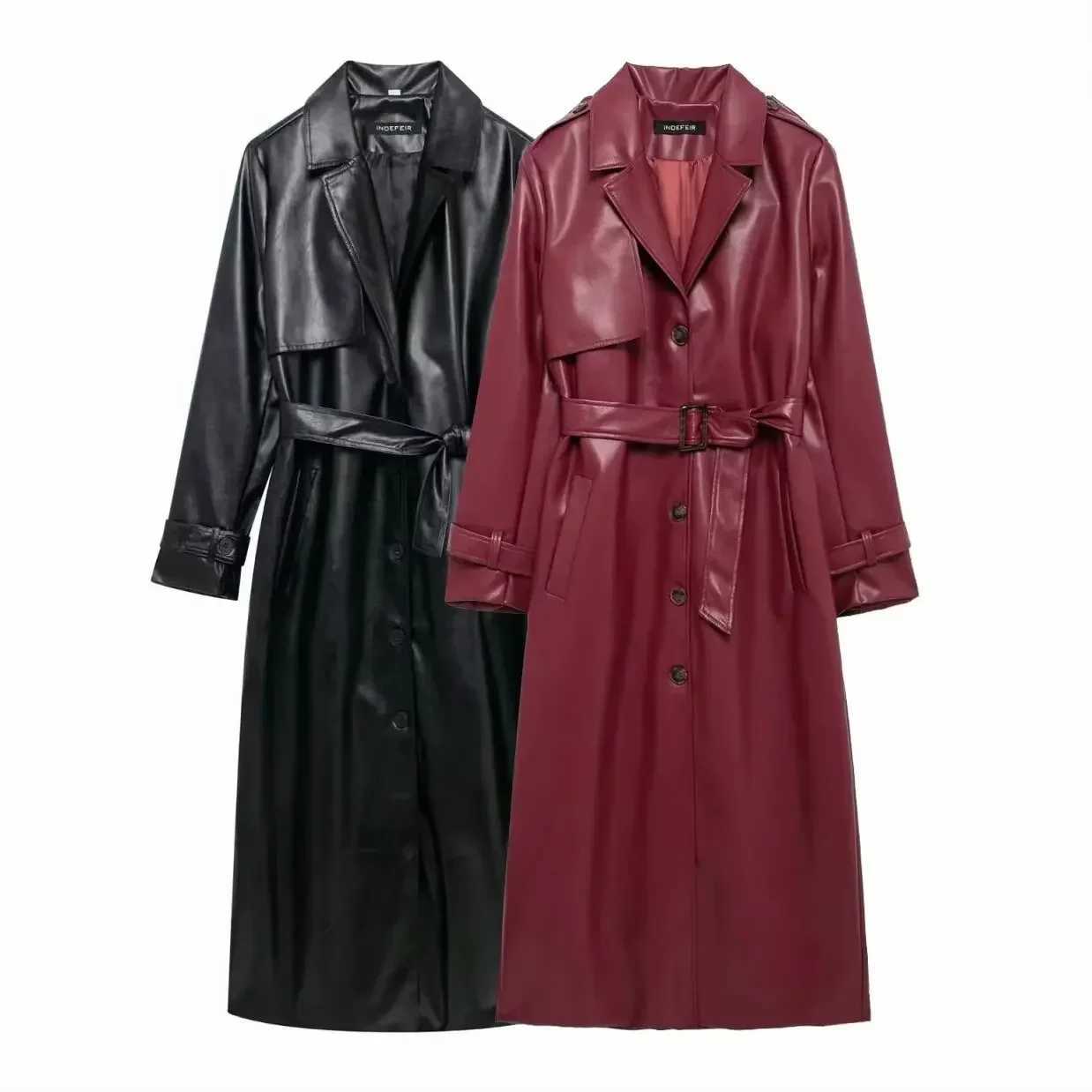2024 Women New Fashion with Belt Long Style Single Breasted Faux Leather Coat Vintage Long Sleeve Pockets Female Outerwears J251124