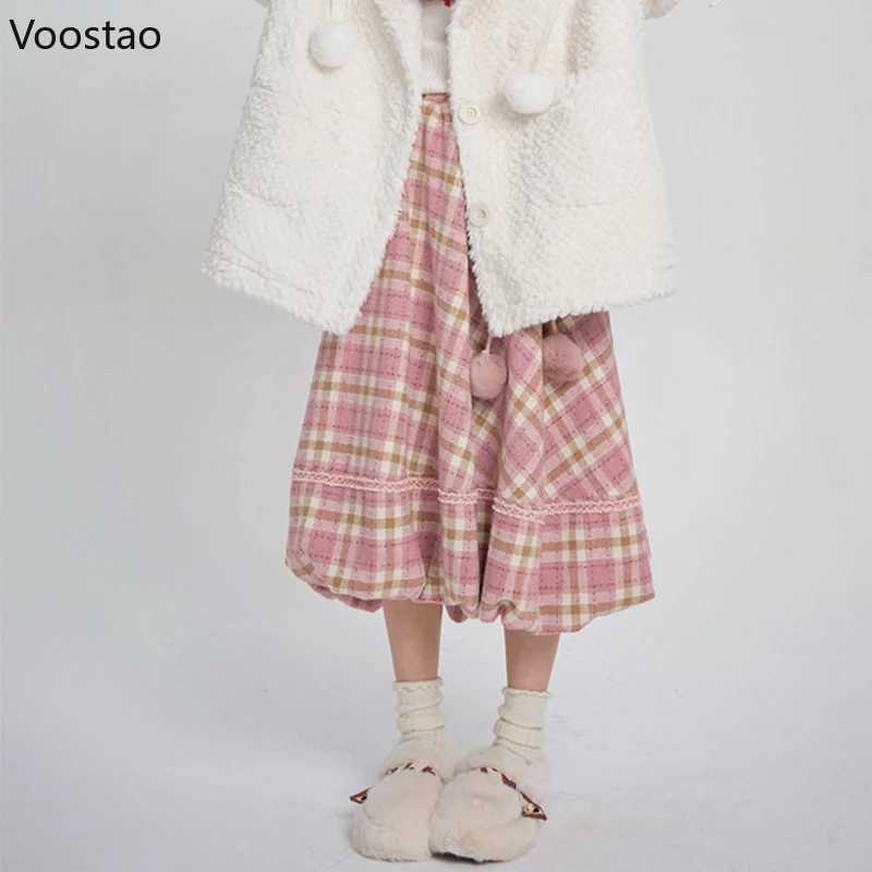Pink checkered retro skiing autumn womens preparatory style chic plush ball elegant Midi skiing Korean women Y2k A-Line skiing M250424