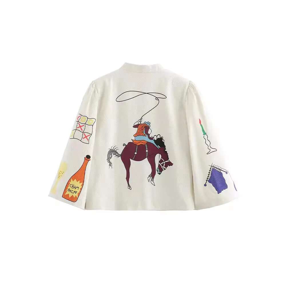 2024 Spring And Autumn Cartoon Print Baseball Ladies Simple Round Neck Single Breasted Casual Long Sleeve Jacket New Coat