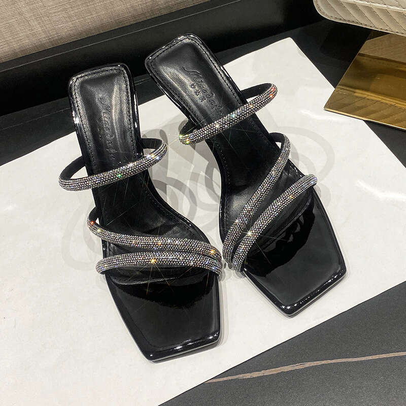 Woman Sandals Stiletto High Heeled In Burgundy Summer Sexy Exterior With Rhinestones Exposed Toes Straight Strap Square Head Cool Slippers For Women