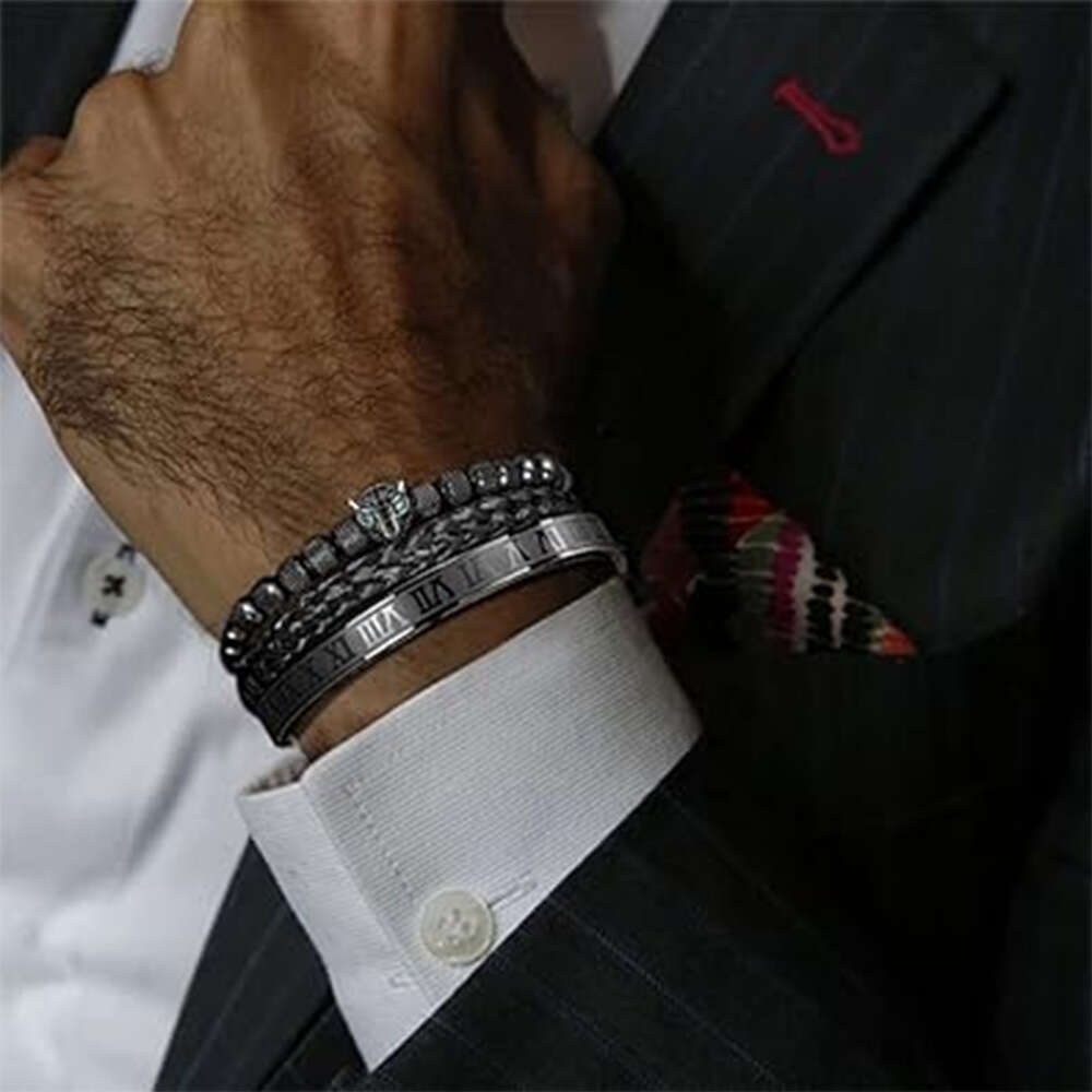Pineapple beads leopard head zircon woven Fried Dough Twists Roman stainless steel bracelet set