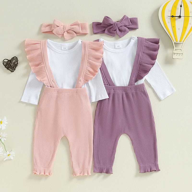 Clothing Sets 2024-05-31 Lioraitiin Baby Girl Ribbed Outfit Long Sleeve Romper Ruffle Trim Overalls Bow Headband 3 Piece Set for Fall R250424