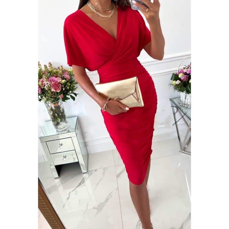 2022 Summer Solid Color V-neck Sexy Bag Hip Dress Womens Short Sleeve