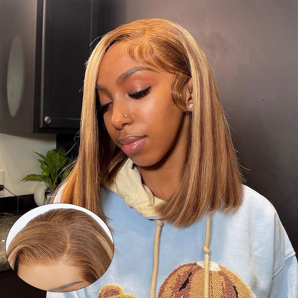 Highlight Blonde Short Bob Human Wigs Hot Sale Bone Straight Glueless HairWigs For Black Women Brazilian Huamn Hair 13x4 HD Front Hair Wig Lace Fronta