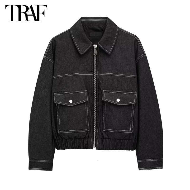 Designer Clothes TRAF Denim Bomber For Zip Oversized Cropped Jacket Women Coats Demi-Season Women's Jackets Streetwear Outerwears