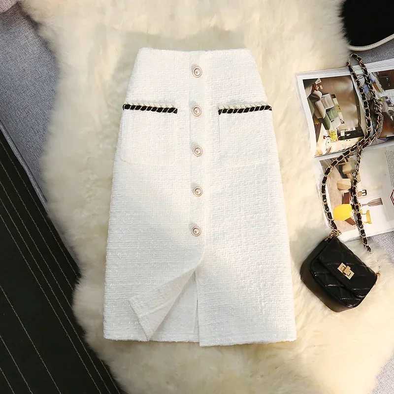 Black white tweed long skirt womens autumn winter new shiny silk womens retro high waisted A-line packaging Skirt Office for women M250424