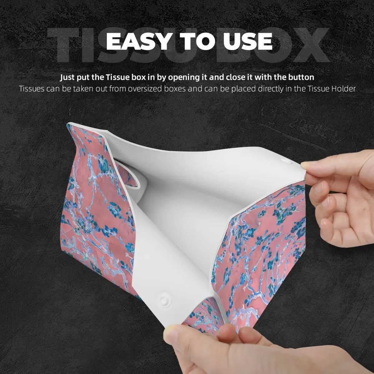 Custom Pink Van Gogh Almond Blossom Tissue Box Cover for Bathroom Car PU Leather Rectangular Facial Tissue Box HolderM251124