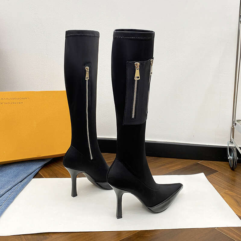Woman Sandals Women S Knee High For Autumn And Winter New Zipper Pointed Slim Elastic Boots Silk High Heeled Long Tube Boots