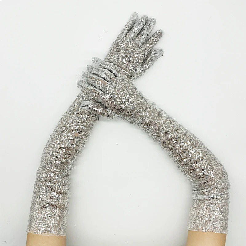 Long Glitter Elastic Fingerless Gloves Sparkly Sequin Performance Party Holiday Stage Costume Accessory Gloves 250417