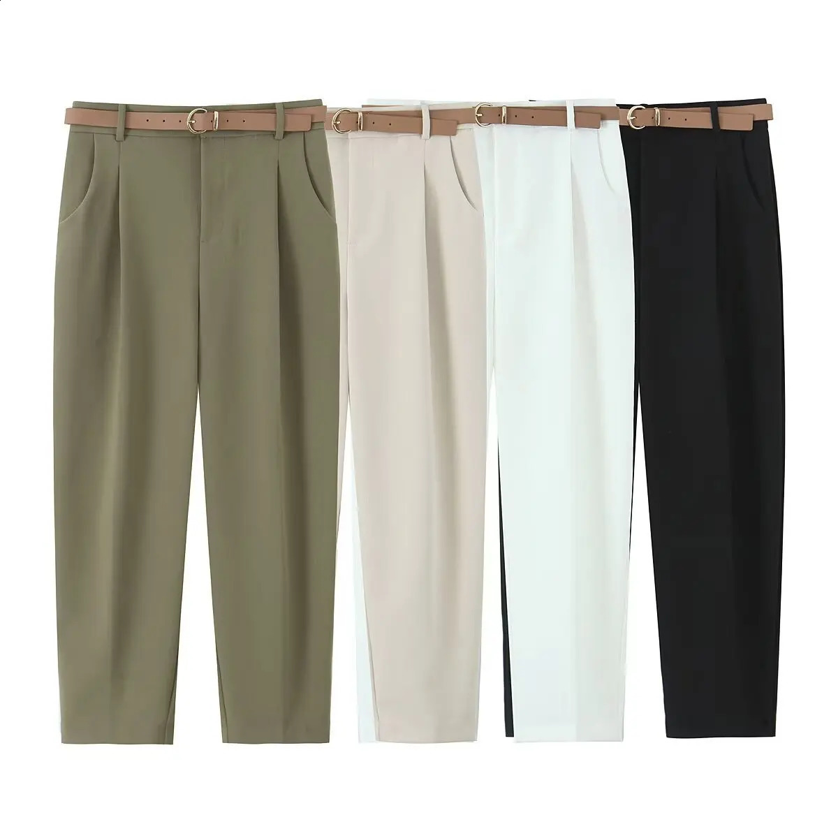 ZBZA Womens Belted High Waist Suit Pants Basic Concealed Zipper Button Double Pocket Pleated Solid Loose Trousers Spring Pants 250421