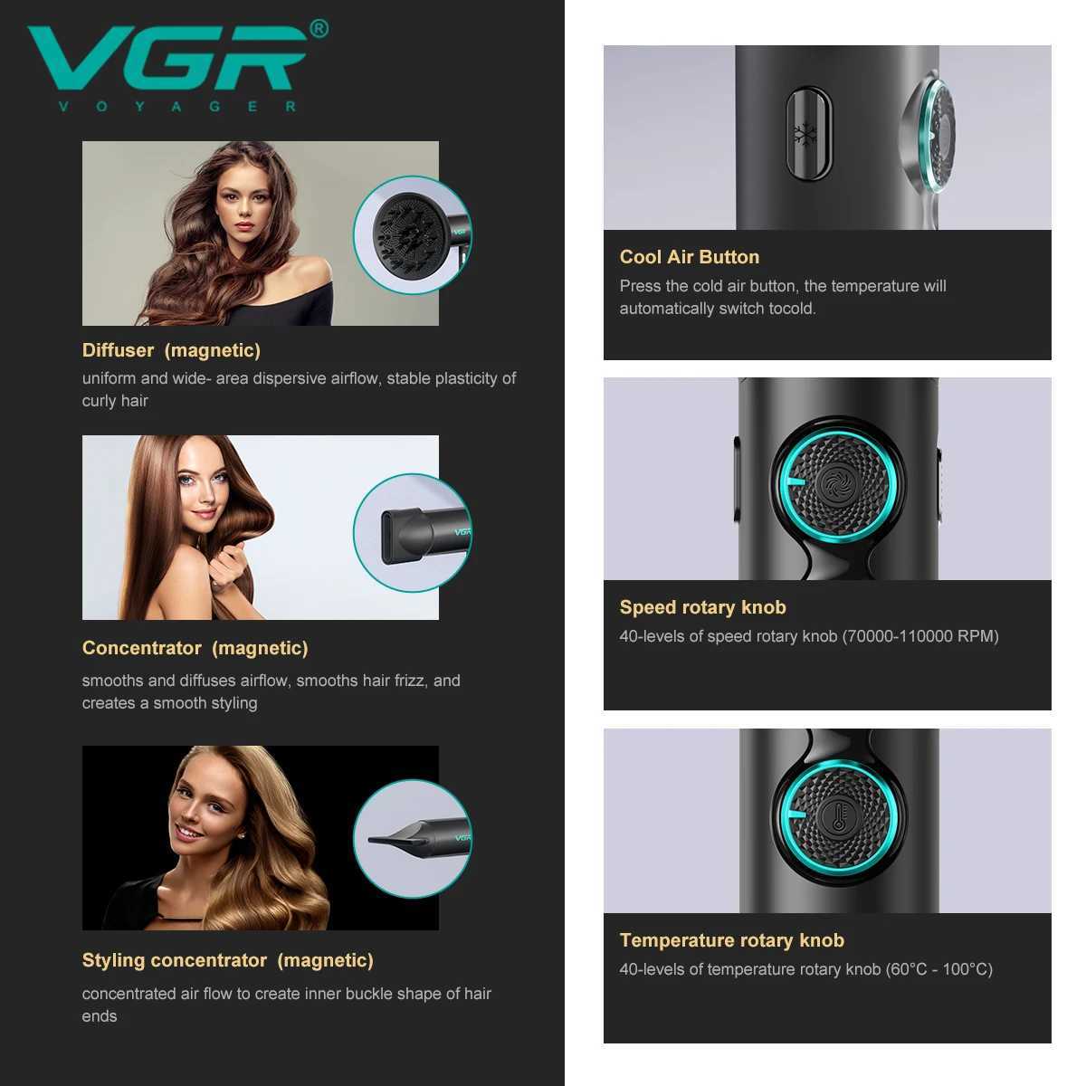 VGR Hair Dryers Professional Air Blower Negative Ion Hair Dryer 110000 RPM Hair Dryer Machine BLDC Motor Barber Salon V-401