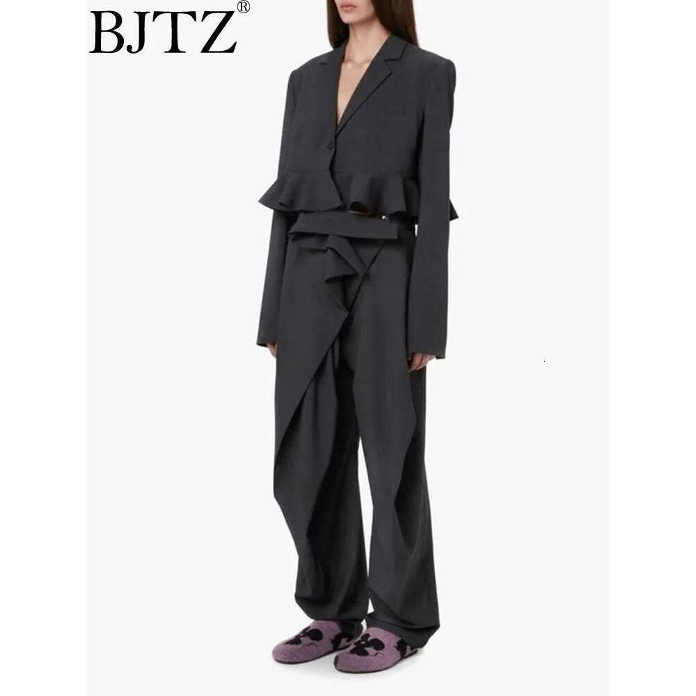 BJTZ Lotus Leaf Lace Hem Short Suit+Buckle Waistband Design Sense Haren Casual Pants For Women 2025 Spring Two Piece Set