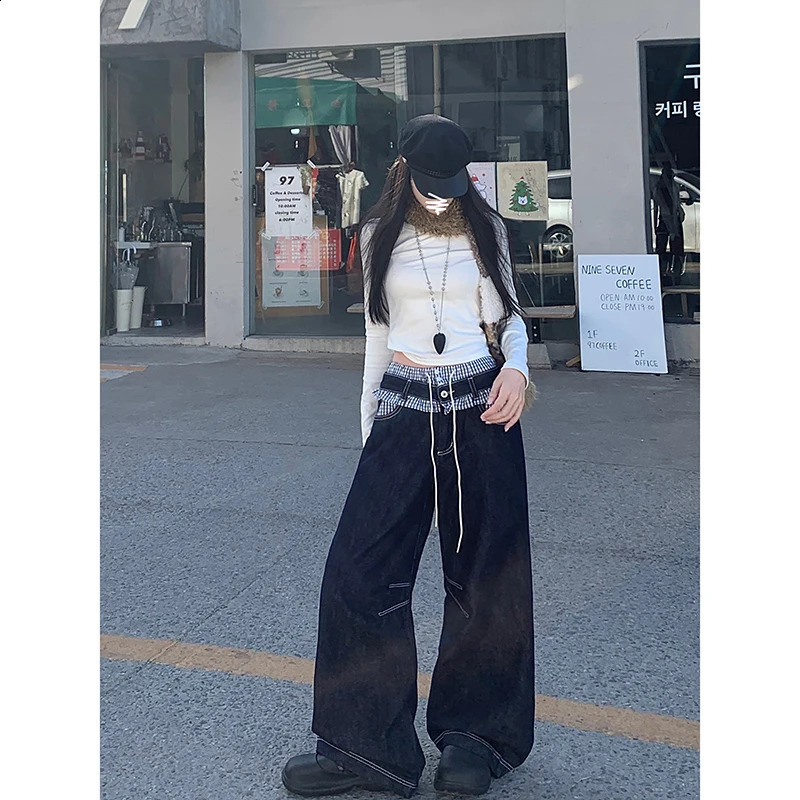 Womens casual retro plain patchwork denim Trouser Harajuku loose jeans spring deep blue high waisted Y2K 2000s pants 250422