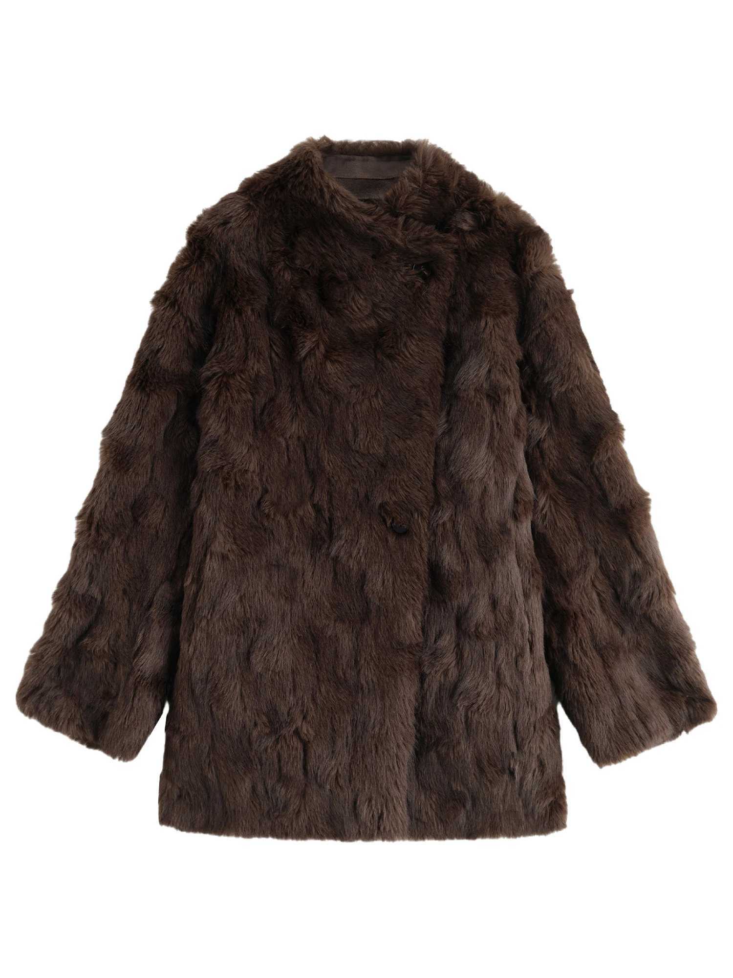ZIQIAO Brown Faux Fur Coat for Women New Winter Style for 2025 Thickened Fur Coat Overlapping Collar Streetwear Commuting Retro J251124
