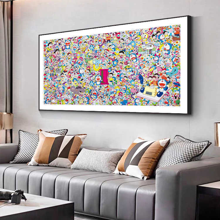 Trendy Doraemon Wall Art Modern Living Room Decorative Painting Murakami Takashi Sunflower Sofa Background Wall Art Childrens Room W251124
